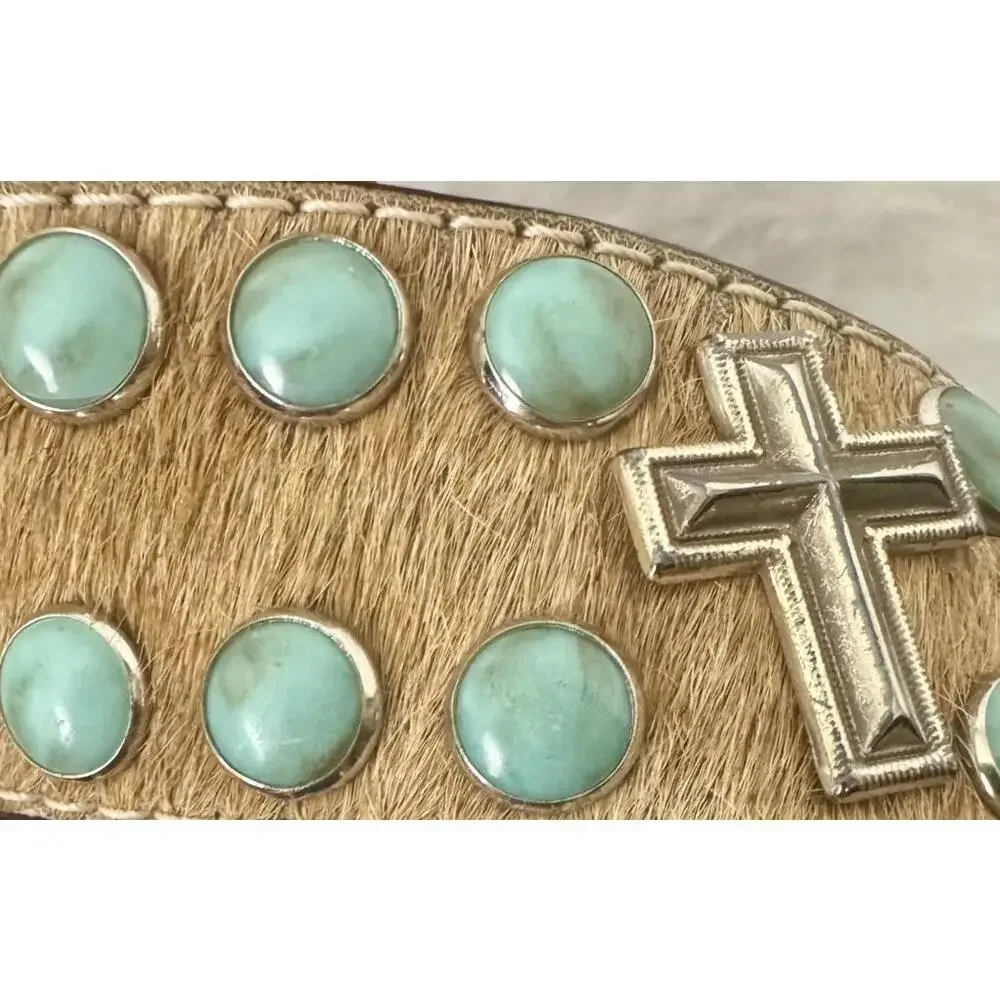 Vintage Hand Tooled Western Belt Turquoise Y2K Cowgirl Grunge Genuine Leather 38